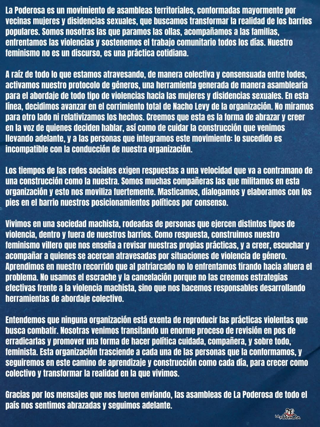 El comunicado de La Poderosa con la decisión de desvincular a Nacho Levy de esa organización