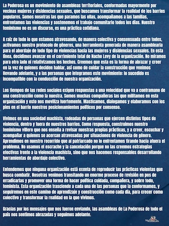 El comunicado de La Poderosa con la decisión de desvincular a Nacho Levy de esa organización