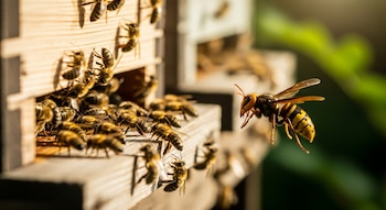 Una colmena de madera con varias abejas en la entrada y alrededor, y un avispón grande volando cerca de la estructura.