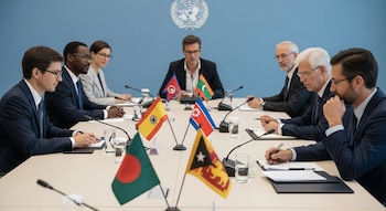Ocho personas en una mesa de conferencia. Banderas de varios países y micrófonos. El logo de la ONU está al fondo.