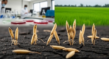 Granos de arroz en suelo negro agrietado con un laboratorio de fondo a la izquierda donde hay científicos y un campo de arroz verde a la derecha.