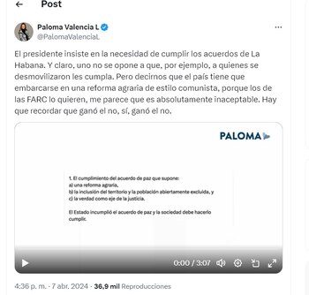 Paloma Valencia cuestiona los acuerdos