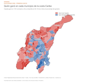 Ganador por municipio en los siete departamentos del Caribe: Iván Cepeda se impuso en 133 municipios y Abelardo de la Espriella en 62 - crédito Ricardo Ruiz