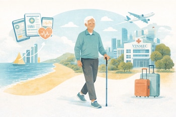 Ilustración de una persona mayor sonriente con bastón, rodeada por la playa, edificios modernos, Hospital Vinmec, salud digital, maletas y un avión en Da Nang.