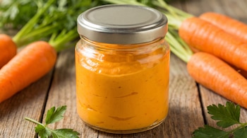 Un frasco de vidrio con crema naranja junto a zanahorias enteras con hojas verdes y ramas de perejil sobre una superficie de madera.
