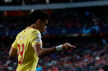 Soccer Football - Champions League - Quarter Final - First Leg - Benfica v Liverpool - Estadio da Luz, Lisbon, Portugal - April 5, 2022 Liverpool's Luis Diaz celebrates scoring their third goal REUTERS/Pedro Nunes