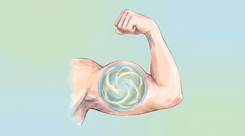 Dibujo de un brazo humano flexionado con una esfera transparente en el bíceps que contiene destellos amarillos y un fondo azul.