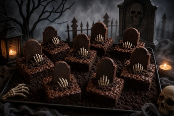 Ocho brownies con lápidas de galleta y manos de esqueleto en una bandeja con migas de chocolate, acompañados de velas y una calavera.