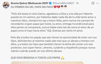 Captura de pantalla de una publicación en red social con texto sobre el Día del Padre, el usuario Grecia Quiroz Michoacán 2027 y emojis de corazones rotos y personas