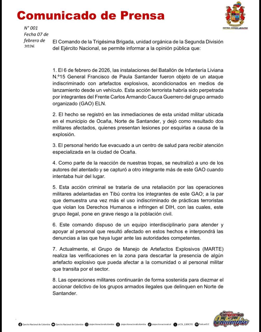 El hecho, que se registró en horas de la noche del 6 de febrero de 2026, dejó como resultado dos militares afectados - crédito Ejército Nacional