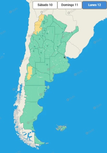 Mapa geográfico de Argentina con provincias pintadas de verde y sectores en amarillo, con botones superiores indicando fechas