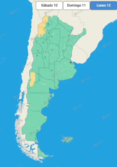 Un mapa del Servicio Meteorológico Nacional indica las alertas meteorológicas vigentes en Argentina para el lunes