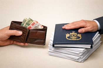 Dos manos sobre fondo beige. Una sujeta billetera de cuero marrón con billetes peruanos. Otra sobre documentos Congreso de la República del Perú.