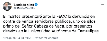 Santiago Nieto indicó que la