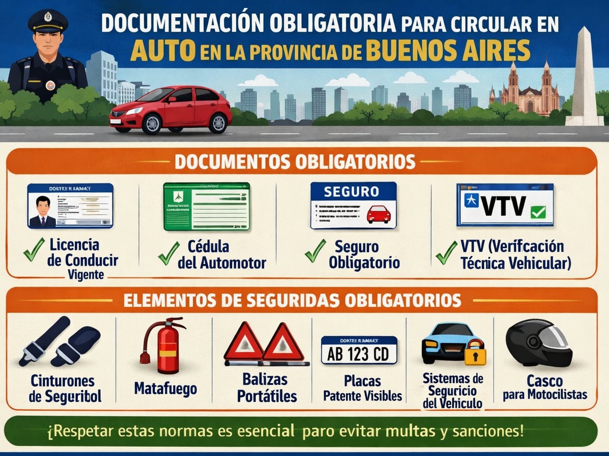 Detalle de la documentación y los elementos de seguridad obligatorios que todo conductor debe portar para circular legalmente en la Provincia de Buenos Aires, evitando multas y sanciones (Imagen Ilustrativa Infobae)