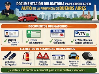 Infográficos com polícia, carro vermelho e caixa com carteira de motorista, RG, seguro, VTV, cinto de segurança, bombeiro, tocha, placa e capacete.