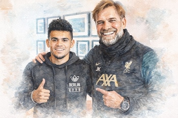 Ilustración acuarela de Luis Díaz y Jürgen Klopp sonriendo. Díaz levanta el pulgar, Klopp señala. Ambos con chaquetas oscuras.