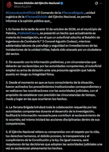La Tercera Brigada del Ejército inició una investigación tras la muerte de un civil en Palmira, Valle del Cauca - crédito @Ejercito_Div3 / X