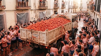 Un camión con el remolque lleno de tomates circula por una calle estrecha mientras las personas a su alrededor toman frutos del vehículo.
