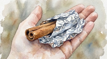 Una mano de piel clara sostiene una rama de canela enrollada envuelta en papel aluminio arrugado sobre un fondo de acuarela difuminado.