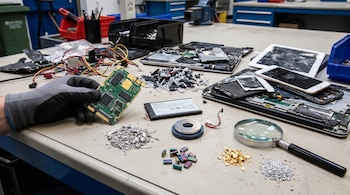 Mano enguantada sostiene placa de circuito. Mesa con residuos electrónicos, dispositivos rotos, cables, batería, lupa, montones de oro, plata y metales.