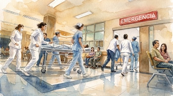 Ilustración acuarela: personal médico traslada un paciente en camilla por un pasillo de hospital con sala de espera. Cartel rojo: 'Emergencia'.