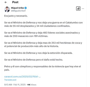 Miguel Uribe también lanzó duras críticas a Iván Velásquez tras presentar su renuncia - crédito @MiguelUribeT