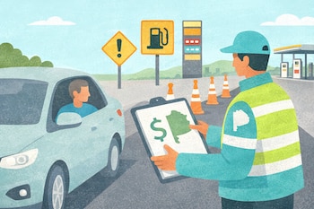 Ilustración plana de control de tránsito en ruta de Buenos Aires. Oficial con libreta de multas y logo provincial frente a un conductor en auto; estación de servicio al fondo.