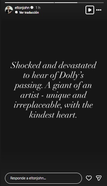 Elton John declaró estar en shock por la muerte de Dolly Parton.