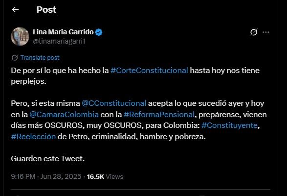 Lina Garrido hizo varios mensajes en su cuenta de X sobre el debate de la reforma pensional - crédito @linamariagarri1