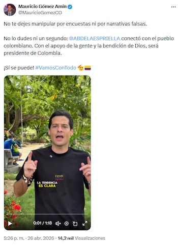 Mauricio Gómez Amín: “La verdadera encuesta está en la calle y Abelardo crece en las regiones” - crédito @MauricioGomezCO/X