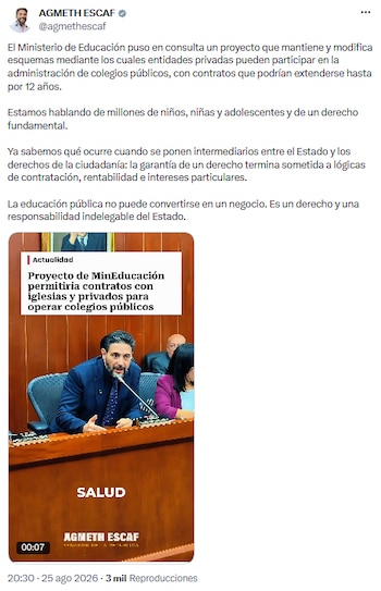 Agmeft Escaf rechaza el esquema de gestión privada propuesto por el Ministerio de Educación - crédito @agmethescaf/X