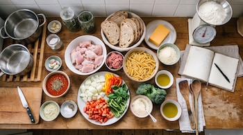 Mesa de madera con cuencos de pollo, carne picada, pasta, verduras cortadas, pan, queso, especias, ollas, una balanza y una libreta abierta.