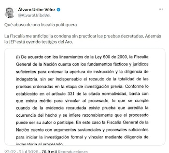 El expresidente Álvaro Uribe Vélez aseguró que la Fiscalía General de la Nación ya le está “anticipando” una decisión adversa en el proceso que lo menciona por su presunta responsabilidad en las masacres de El Aro y La Granja, y en el crimen del defensor de derechos humanos Jesús María Valle - crédito @AlvaroUribeVel/X