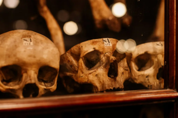 Primer plano de tres cráneos humanos con etiquetas numeradas, dentro de una vitrina de madera con reflejos de luz y huesos borrosos al fondo