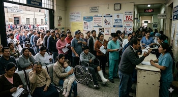 Sala de espera abarrotada de un hospital. Gente de pie y sentada, algunos con documentos. Personal médico interactuando. Carteles electorales y de salud en las paredes