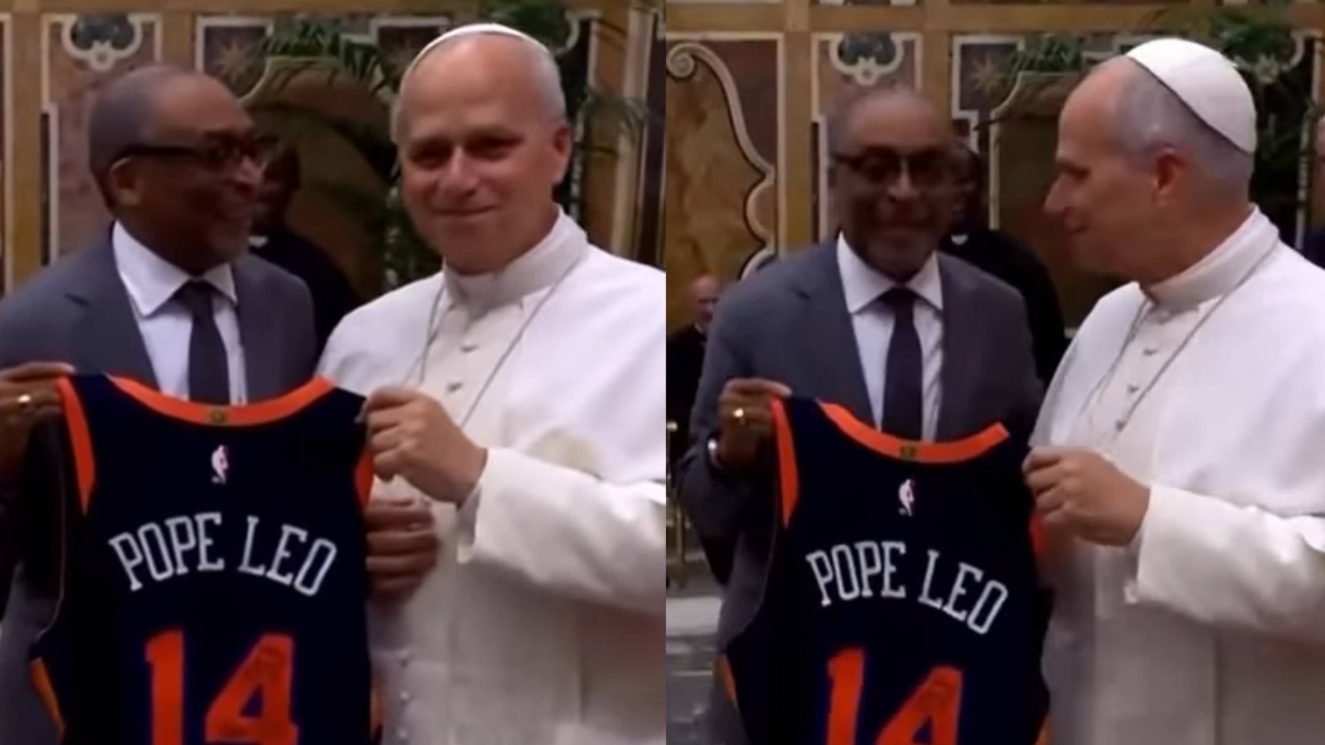 Spike Lee llegó al partido 3 de las Finales de la NBA con una camiseta de los New York Knicks firmada por el papa León XIV tras su reunión en el Vaticano (Instagram @officialspikelee )