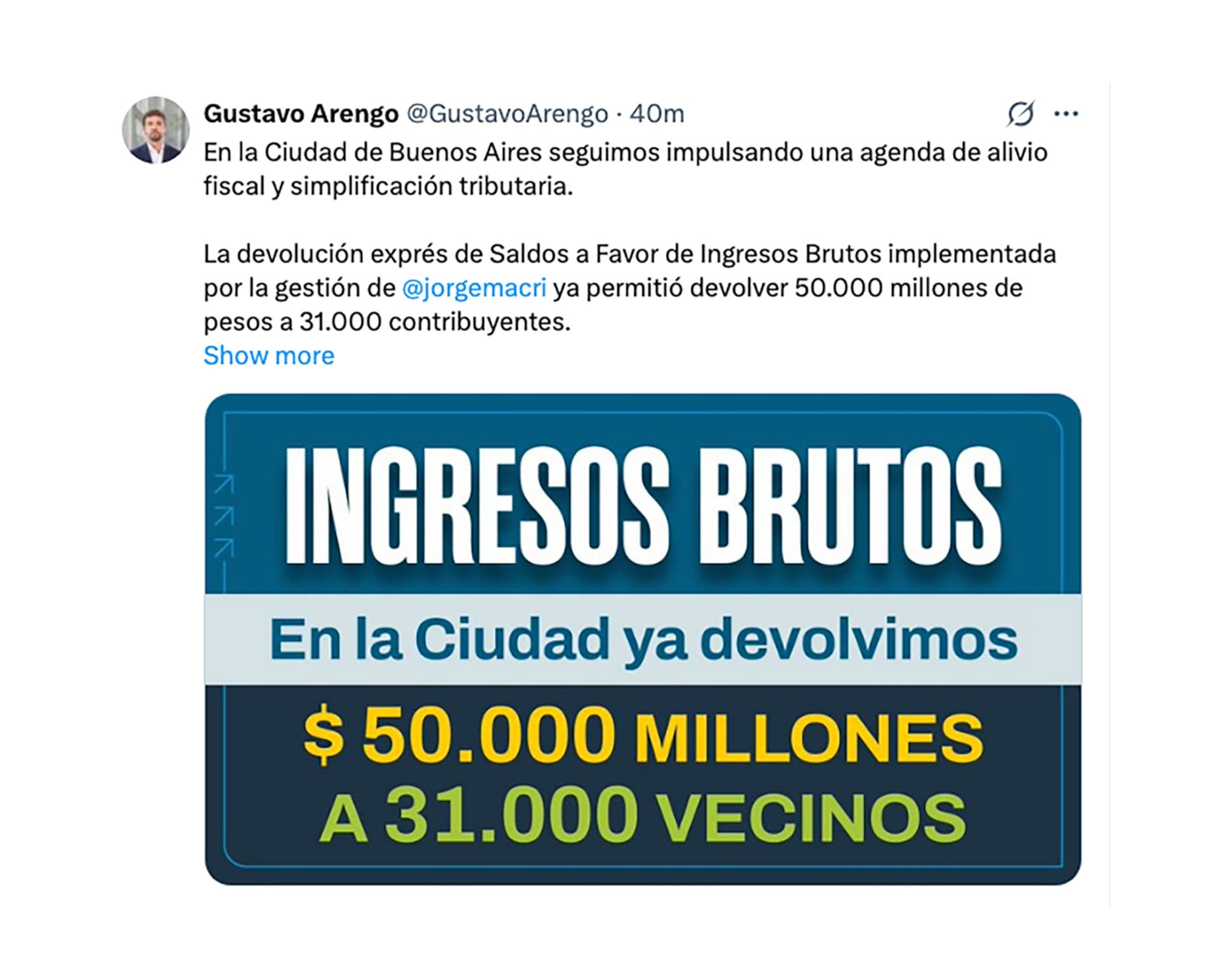 El ministro de Hacienda y Finanzas porteño, Gustavo Arengo, destacó la medida en su cuenta de X y la enmarcó dentro de la política tributaria de la administración porteña