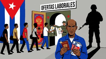 Hombres ante una bandera cubana entran a un recinto con el cartel Ofertas laborales, y en primer plano un hombre muestra un pasaporte y dinero.