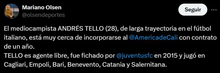 Andrés Tello estaría cerca de llegar al América- crédito @olsendeportes/X