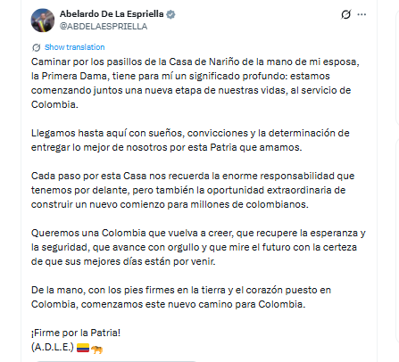 El Gobierno reconsideró su plan inicial y mantendrá la Casa de Nariño como sede principal de la Presidencia por razones de seguridad y capacidad operativa - crédito @ABDELAESPRIELLA/X