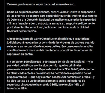 La senadora acusa al Gobierno Nacional de intervenir en decisiones judiciales y critica la suspensión de las órdenes de captura desde 2024 - crédito X