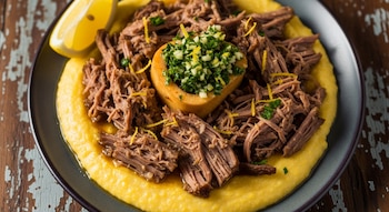 Plato con polenta amarilla, carne de osobuco desmechada, hueso con gremolata verde, ralladura de limón y una rodaja de limón.