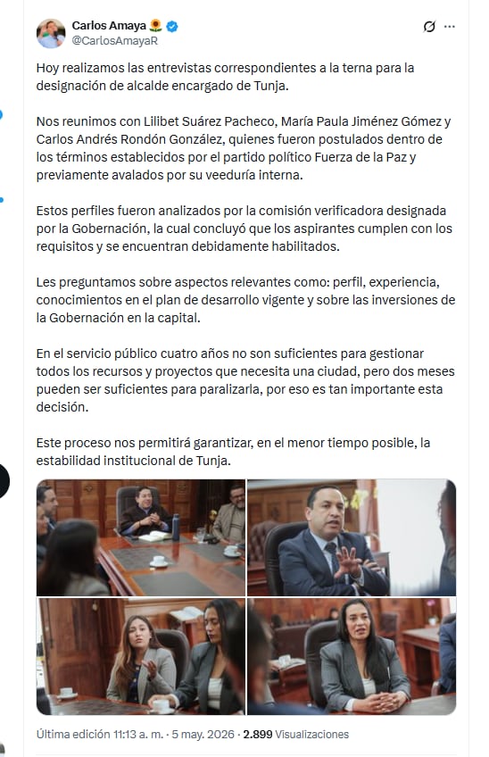 Lilibet Suárez Pacheco, María Paula Jiménez Gómez y Carlos Andrés Rondón González fueron los ternados para la designación de alcalde encargado de Tunja - crédito @CarlosAmayaR/X