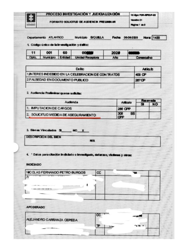 Este es el documento que reveló la precandidata presidencial Vicky Dávila sobre medidas contra Nicolás Petro, hijo del presidente Gustavo Petro - crédito @VickyDavilaH/X