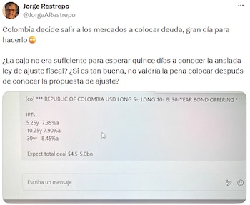Jorge Restrepo cuestionó que el Gobierno emitiera deuda antes de presentar su propuesta de ajuste fiscal. - crédito @JorgeARestrepo/X