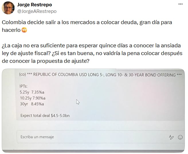 Jorge Restrepo cuestionó que el Gobierno emitiera deuda antes de presentar su propuesta de ajuste fiscal. - crédito @JorgeARestrepo/X