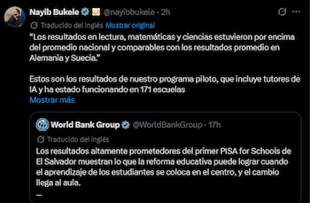 El presidente de El Salvador, Nayib Bukele, compartió en la red social X la publicación del Banco Mundial que destaca los resultados del programa piloto con inteligencia artificial en escuelas públicas. (Foto: Captura X/@nayibbukele)