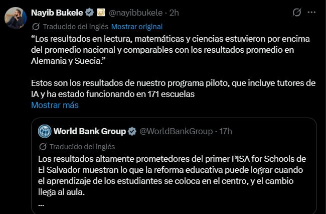 El presidente de El Salvador, Nayib Bukele, compartió en la red social X la publicación del Banco Mundial que destaca los resultados del programa piloto con inteligencia artificial en escuelas públicas. (Foto: Captura X/@nayibbukele)