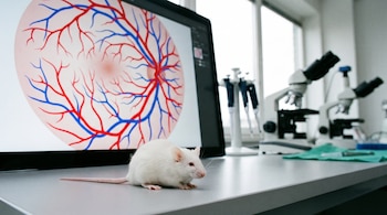 Ratón blanco de laboratorio en primer plano sobre una mesa, junto a una pantalla que muestra un esquema de vasos sanguíneos retinales. Al fondo se ven microscopios y pipetas.